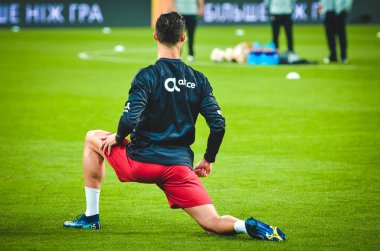 Kyiv, Ukrayna - 14 Ekim 2019: Uefa Euro 2020 ön eleme karşılaşmasında Ukrayna milli takımı Ukrayna ile Ukrayna milli takımı arasında oynanan karşılaşma sırasında Cristiano Ronaldo