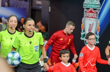 Istanbul, Turkey - August 14, 2019: Women's Referees Panel led by Judge Stephanie Frappart during the UEFA Super Cup Finals match between Liverpool and Chelsea in Vodafon Arena stadium, Turkey