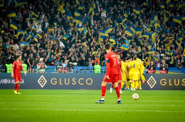 Kyiv Ukraine Outubro 2019 Seleção Ucraniana Celebra Gol Marcado Durante — Fotografia de Stock