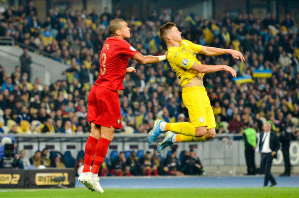 KYIV, UKRAINE - October 14, 2019: Pepe and Mykola Matviienko during the UEFA EURO 2020 qualifying match between national team Ukraine against Portugal national team, Ukraine