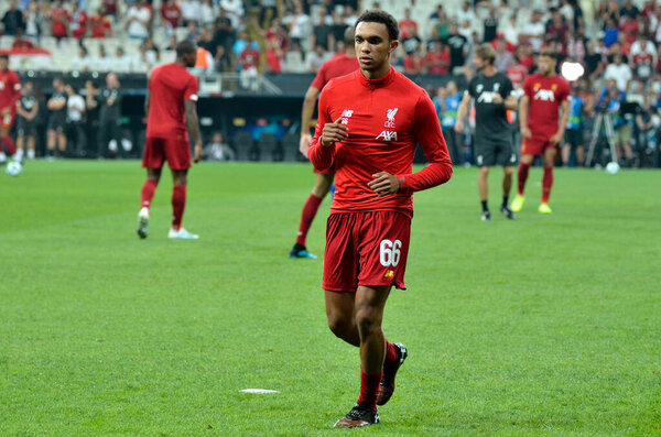 Istanbul, Turkey - August 14, 2019: Trent Alexander-Arnold during the UEFA Super Cup Finals match between Liverpool and Chelsea in Vodafon Arena stadium, Turkey