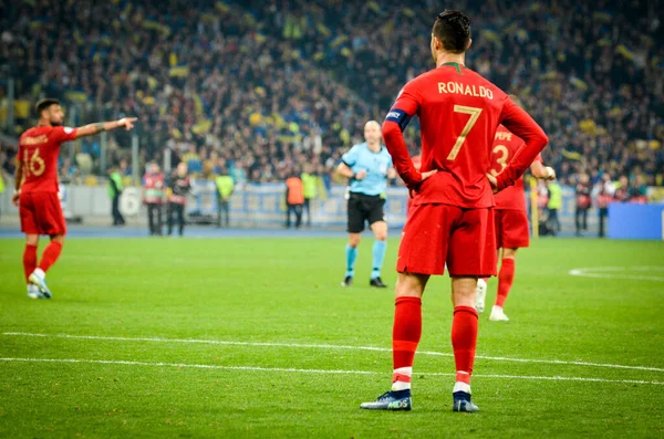 乌克兰基辅 2019年10月14日 克里斯蒂亚诺 罗纳尔多 Cristiano Ronaldo 在2020年欧洲杯预选赛期间参加乌克兰国家队对葡萄牙国家队的比赛 — 图库照片