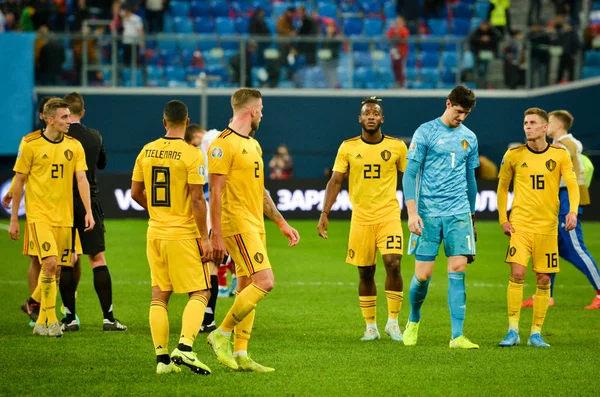 Saint Petersburg Rusia Noiembrie 2019 Echipa Națională Fotbal Belgiană Sărbătorește — Fotografie, imagine de stoc