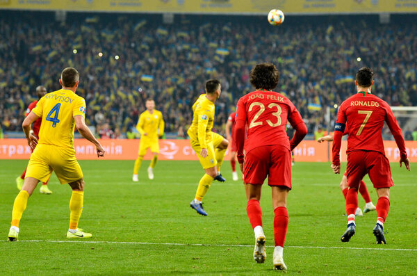 KYIV, UKRAINE - October 14, 2019: Cristiano Ronaldo and Joao Felix  during the UEFA EURO 2020 qualifying match between national team Ukraine against Portugal national team, Ukraine