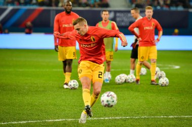 SAINT-PETERSBURG, RUSSIA - November 16, 2019: Timothy Castagne and Belgium national football team training session during UEFA EURO 2020 qualifying match between Russia against Belgium, Russia