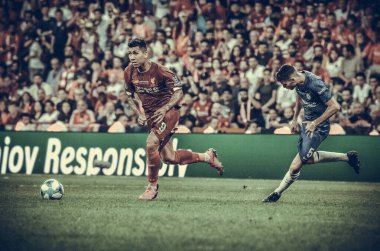 Istanbul, Turkey - August 14, 2019: Roberto Firmino and Jorginho during the UEFA Super Cup Finals match between Liverpool and Chelsea at Vodafone Park in Vodafone Arena, Turkey
