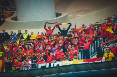 SAINT-PETERSBURG, RUSSIA - November 16, 2019: Belgium Football fans celebrate victory after UEFA EURO 2020 qualifying match between national team Russia against Belgium, Russia