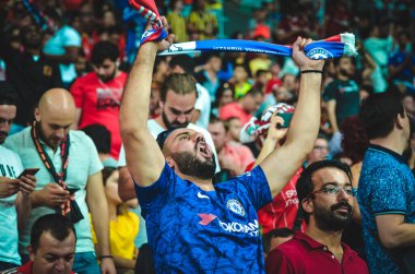 Istanbul, Turkey - August 14, 2019: Chelsea  Football fans and spectators during the UEFA Super Cup Finals match between Liverpool and Chelsea at Vodafone Park in Vodafon Arena, Turkey