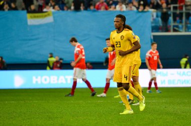 SAINT-PETERSBURG, RUSSIA - November 16, 2019: Dedryck Boyata in t-shirt Michy Batshuayi during UEFA EURO 2020 qualifying match between national team Russia against Belgium, Russia