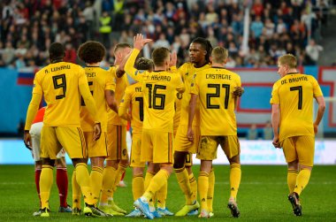 SAINT-PETERSBURG, RUSSIA - November 16, 2019: Belgium national team celebrate goal scored during UEFA EURO 2020 qualifying match between Russia against Belgium team, Russia