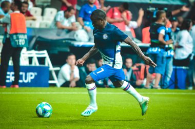 Istanbul, Turkey - August 14, 2019: N'Golo Kante player during the UEFA Super Cup Finals match between Liverpool and Chelsea in Vodafone Arena stadium, Turkey