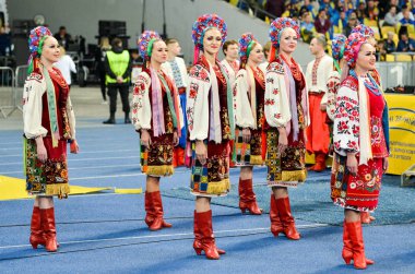 Kyiv, Ukrayna - 14 Ekim 2019: Ukrayna kadın milli takımı Uefa Euro 2020 ön eleme karşılaşmasında performans sergiliyor, Ukrayna