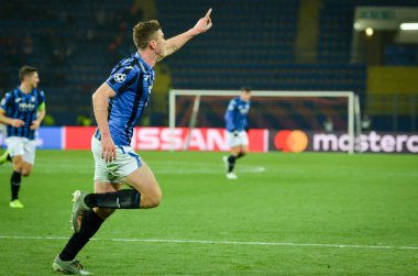 KHARKIV, UKRAINE - December 11, 2019: Robin Gosens celebrate goal scored during the UEFA Champions League match between Shakhtar vs Atalanta Bergamasca Calcio BC (Italy), Ukraine