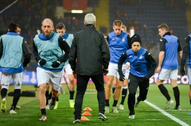 KHARKIV, UKRAINE - December 11, 2019: Andrea Masiello and Papu Gomez during the UEFA Champions League match between Shakhtar vs Atalanta BC (Italy), Ukraine