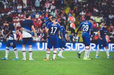 Istanbul, Turkey - August 14, 2019: Chelsea player  during half-time break during the UEFA Super Cup Finals match between Liverpool and Chelsea at Vodafone Park in Vodafone Arena, Turkey