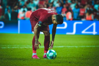 Istanbul, Turkey - August 14, 2019: Roberto Firmino shoot penalty during the UEFA Super Cup Finals match between Liverpool and Chelsea at Vodafone Park in Vodafone Arena, Turkey
