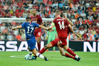 Istanbul, Turkey - August 14, 2019: Mateo Kovacic and Jordan Henderson during the UEFA Super Cup Finals match between Liverpool and Chelsea at Vodafone Park in Vodafone Arena, Turkey