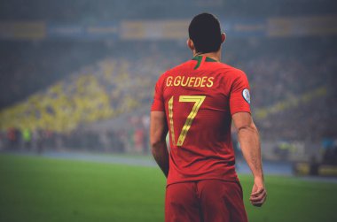Kyiv, Ukrayna - 14 Ekim 2019: Uefa Euro 2020 ön eleme karşılaşmasında Ukrayna milli takımı Ukrayna ile Ukrayna maçı sırasında Goncalo Guedes
