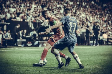 Istanbul, Turkey - August 14, 2019: Jordan Henderson and Mateo Kovacic during the UEFA Super Cup Finals match between Liverpool and Chelsea at Vodafone Park in Vodafone Arena, Turkey