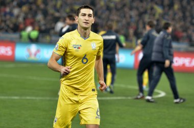 Kyiv, Ukrayna - 14 Ekim 2019: Ukrayna Millî Futbol Takımı Portekiz 'e karşı kazanılan zaferi ve 2020 Euro ödüllü Uefa Euro 2020 ön eleme karşılaşmasında birinciliği kutladı, Ukrayna