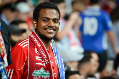 Istanbul, Turkey - August 14, 2019: Liverpool Football fans and spectators during the UEFA Super Cup Finals match between Liverpool and Chelsea at Vodafone Park in Vodafon Arena, Turkey