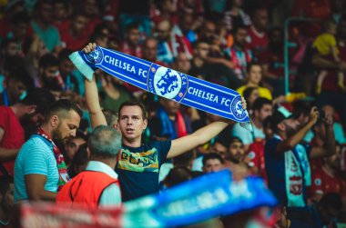 Istanbul, Turkey - August 14, 2019: Chelsea  Football fans and spectators during the UEFA Super Cup Finals match between Liverpool and Chelsea at Vodafone Park in Vodafon Arena, Turkey