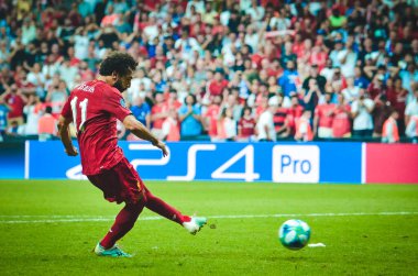 Istanbul, Turkey - August 14, 2019: Mohamed Salah player during the UEFA Super Cup Finals match between Liverpool and Chelsea at Vodafone Park in Vodafone Arena, Turkey