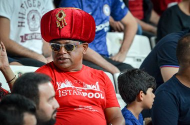 Istanbul, Turkey - August 14, 2019: Liverpool Football fans and spectators during the UEFA Super Cup Finals match between Liverpool and Chelsea at Vodafone Park in Vodafon Arena, Turkey
