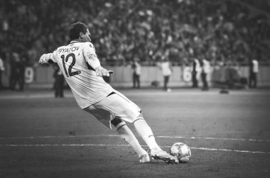 Kyiv, Ukrayna - 14 Ekim 2019: Uefa Euro 2020 ön eleme karşılaşmasında Ukrayna milli takımı Ukrayna milli takımı Ukrayna ile oynanan karşılaşmada Andrii Piatov