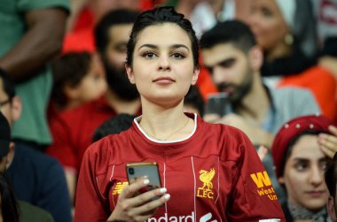 Istanbul, Turkey - August 14, 2019: Liverpool Football fans and spectators during the UEFA Super Cup Finals match between Liverpool and Chelsea at Vodafone Park in Vodafon Arena, Turkey