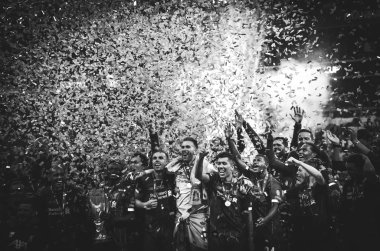Istanbul, Turkey - August 14, 2019: Liverpool footballers celebrate victory at award ceremony during the UEFA Super Cup Finals match between Liverpool and Chelsea at Vodafone Park, Turkey