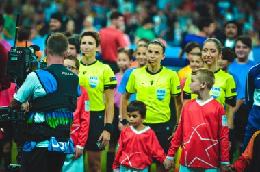 Istanbul, Turkey - August 14, 2019: Women's Referees Panel led by Judge Stephanie Frappart during the UEFA Super Cup Finals match between Liverpool and Chelsea in Vodafon Arena stadium, Turkey