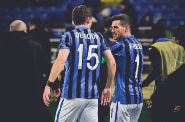 KHARKIV, UKRAINE - December 11, 2019:  Marten de Roon and Remo Freuler during the UEFA Champions League match between Shakhtar vs Atalanta Calcio BC (Italy), Ukraine