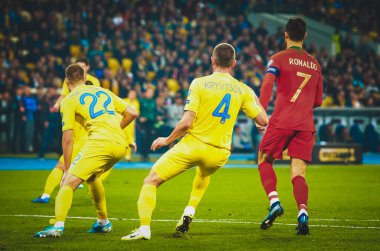 Kyiv, Ukrayna - 14 Ekim 2019: Uefa Euro 2020 ön eleme maçında Ukrayna milli takımı Ukrayna ile Ukrayna milli takımı arasında oynanan Cristiano Ronaldo