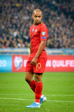 Kyiv, Ukrayna - 14 Ekim 2019: Uefa Euro 2020 ön eleme maçında Joao Mario, Portekiz milli takımı Ukrayna 'ya karşı oynamıştır.