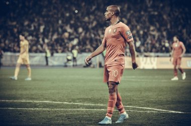 Kyiv, Ukrayna - 14 Ekim 2019: Uefa Euro 2020 ön eleme maçında Joao Mario, Portekiz milli takımı Ukrayna 'ya karşı oynamıştır.