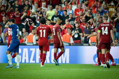 Istanbul, Turkey - August 14, 2019: Liverpool  Football player celebrate goal scored during the UEFA Super Cup Finals match between Liverpool and Chelsea at Vodafone Park, Turkey