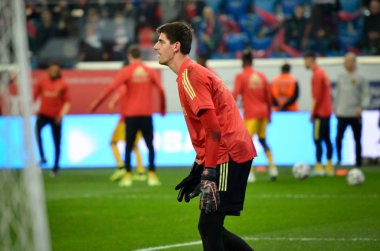 SAINT-PETERSBURG, RUSSIA - November 16, 2019: Thibaut Courtois and Belgium national football team training session during UEFA EURO 2020 qualifying match between Russia against Belgium, Russia