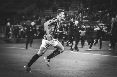 KHARKIV, UKRAINE - December 11, 2019: Robin Gosens celebrate goal scored during the UEFA Champions League match between Shakhtar vs Atalanta Bergamasca Calcio BC (Italy), Ukraine