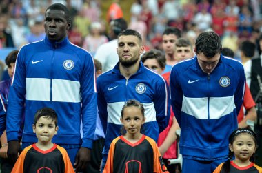 Istanbul, Turkey - August 14, 2019: Chelsea football players in front during the UEFA Super Cup Finals match between Liverpool and Chelsea at Vodafone Park in Vodafone Arena, Turkey