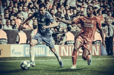 Istanbul, Turkey - August 14, 2019: Pedro and Georginio Wijnaldum during the UEFA Super Cup Finals match between Liverpool and Chelsea at Vodafone Park in Vodafone Arena, Turkey