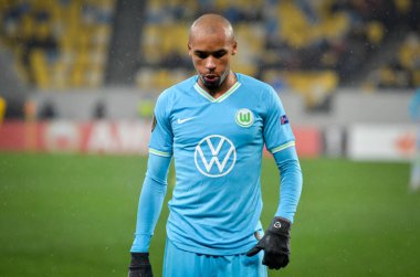 Lviv, Ukrayna - 28 Kasım 2019: Alexandria (Ukrayna) ile Wolfsburg (Almanya), Ukrayna arasındaki Uefa Avrupa Ligi maçı sırasında Marcel Tisserand oyuncusu