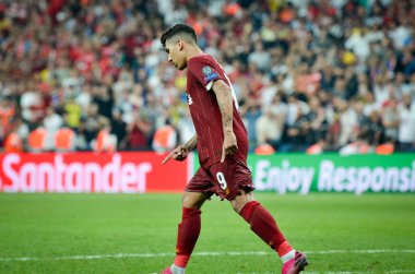 Istanbul, Turkey - August 14, 2019: Roberto Firmino celebrate penalty goal scored during the UEFA Super Cup Finals match between Liverpool and Chelsea at Vodafone Park, Turkey