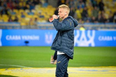Kyiv, Ukrayna - 14 Ekim 2019: Uefa Euro 2020 ön eleme karşılaşmasında Oleksandr Zinchenko oyuncusu, Ukrayna milli takımı Ukrayna ile Portekiz milli takımı Ukrayna karşılaşması