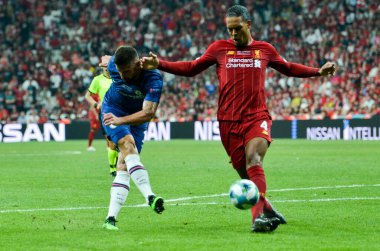 Istanbul, Turkey - August 14, 2019: Olivier Giroud and Virgil van Dijk during the UEFA Super Cup Finals match between Liverpool and Chelsea at Vodafone Park in Vodafone Arena, Turkey