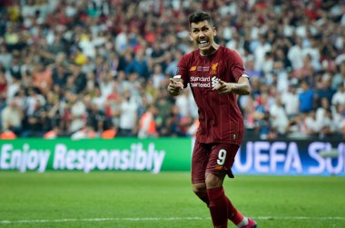 Istanbul, Turkey - August 14, 2019: Roberto Firmino celebrate penalty goal scored during the UEFA Super Cup Finals match between Liverpool and Chelsea at Vodafone Park, Turkey