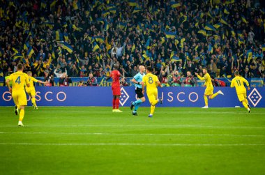 Kyiv, Ukrayna - 14 Ekim 2019: Uefa Euro 2020 ön eleme maçında Ukrayna milli takımı Ukrayna ile Portekiz milli takımı Ukrayna arasındaki golü kutladı