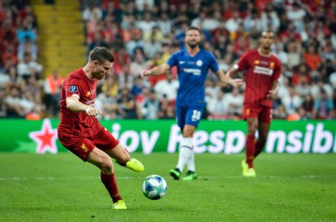 İstanbul, Türkiye - 14 Ağustos 2019: Türkiye 'nin Vodafone Arena kentindeki Vodafone Park' ta Liverpool ile Chelsea arasında oynanan Uefa Süper Kupası Finalleri sırasında futbolcu