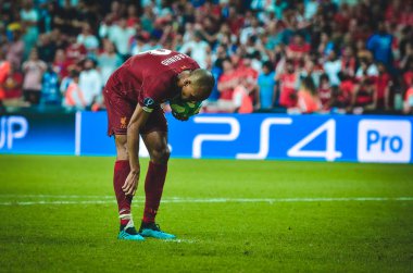 Istanbul, Turkey - August 14, 2019: Fabinho shoot penalty during the UEFA Super Cup Finals match between Liverpool and Chelsea at Vodafone Park in Vodafone Arena, Turkey
