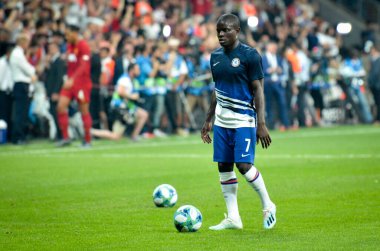 Istanbul, Turkey - August 14, 2019: N'Golo Kante player during the UEFA Super Cup Finals match between Liverpool and Chelsea in Vodafone Arena stadium, Turkey